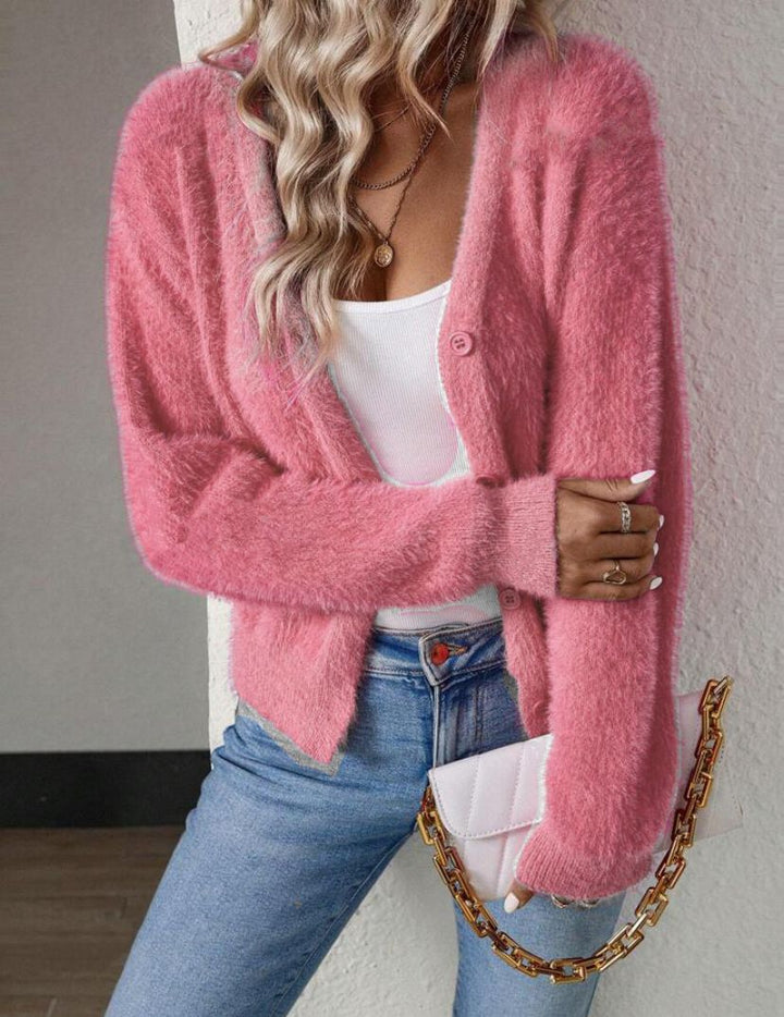 Rosemary Women Fluffy V Neck Button Front Knit Sweater Cardigan