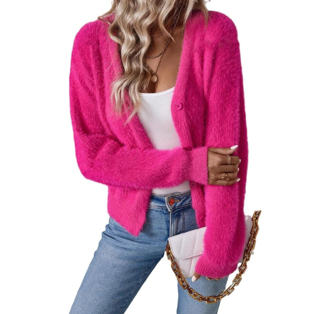 Rosemary Women Fluffy V Neck Button Front Knit Sweater Cardigan