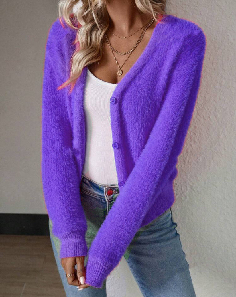 Rosemary Women Fluffy V Neck Button Front Knit Sweater Cardigan