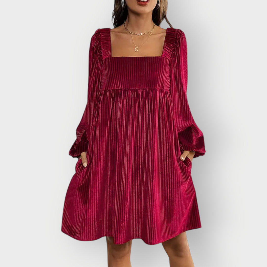 Annabeth Women Backless Velvet Long Sleeve Babydoll Mini Dress