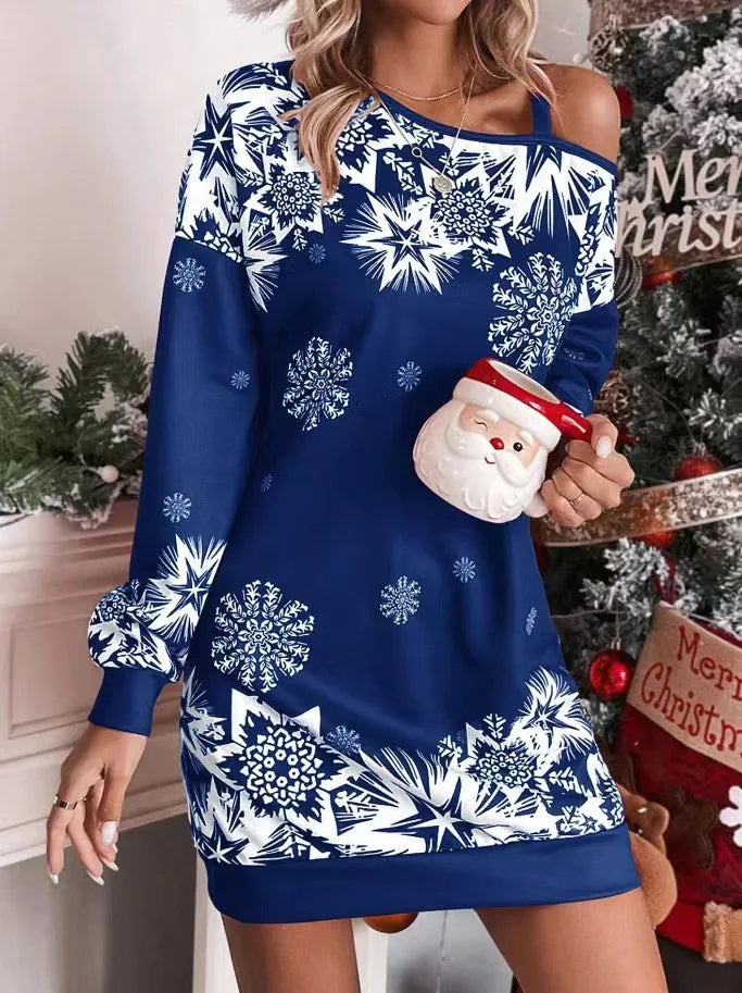 Kayleigh Women Cold Shoulder Snowflake Print Mini Christmas Dress