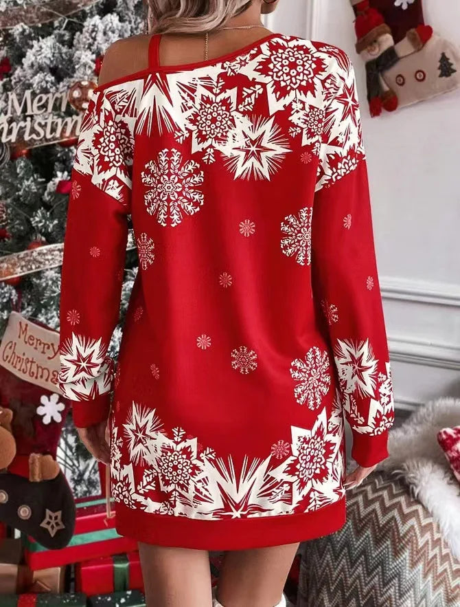 Kayleigh Women Cold Shoulder Snowflake Print Mini Christmas Dress