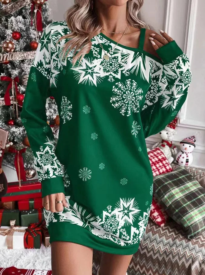 Kayleigh Women Cold Shoulder Snowflake Print Mini Christmas Dress