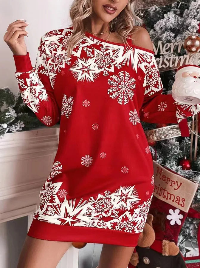 Kayleigh Women Cold Shoulder Snowflake Print Mini Christmas Dress