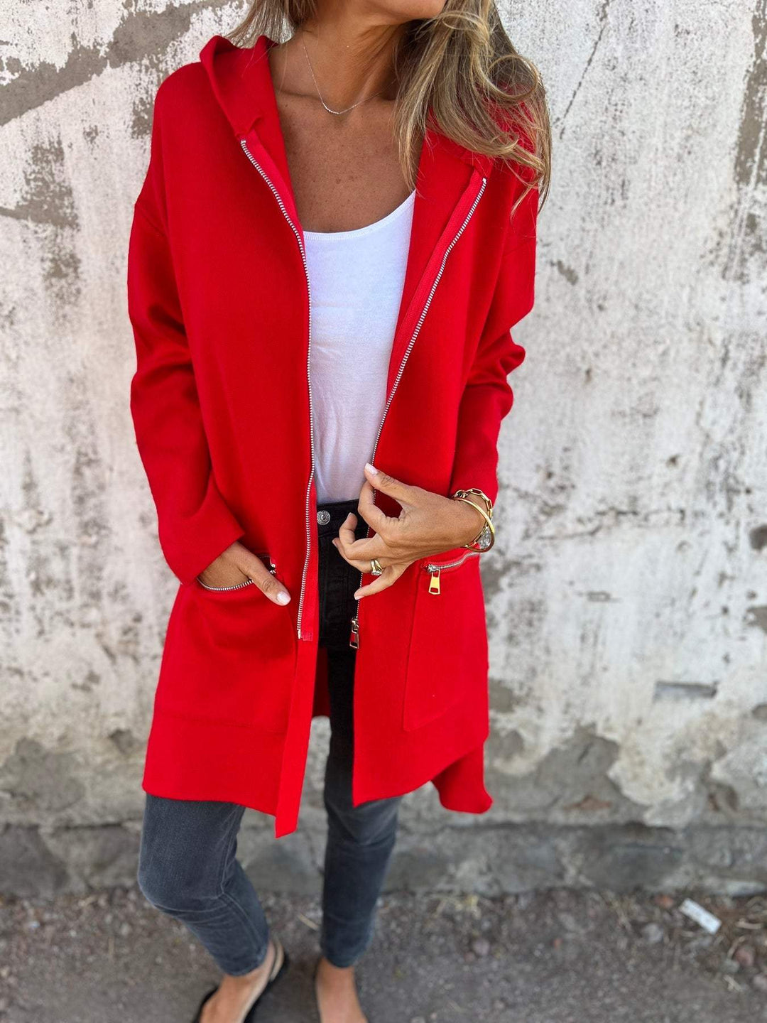 Sabeline Women Longline Zip Pocket Cardigan Sweater