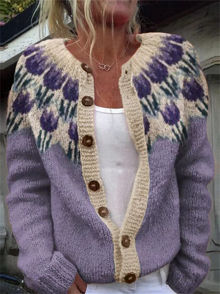 Leanne Women Floral Yoke Button Front Fairisle Sweater