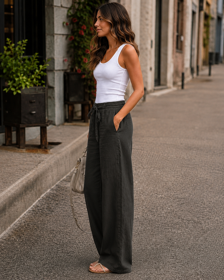 Lindsey Women Drawstring Waist Relaxed Wide Leg Palazzo Pants