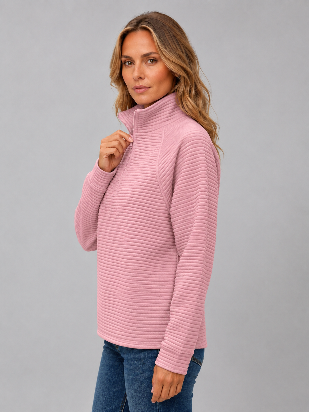 Yola | Women Ribbed Mock Half Zip Pullover