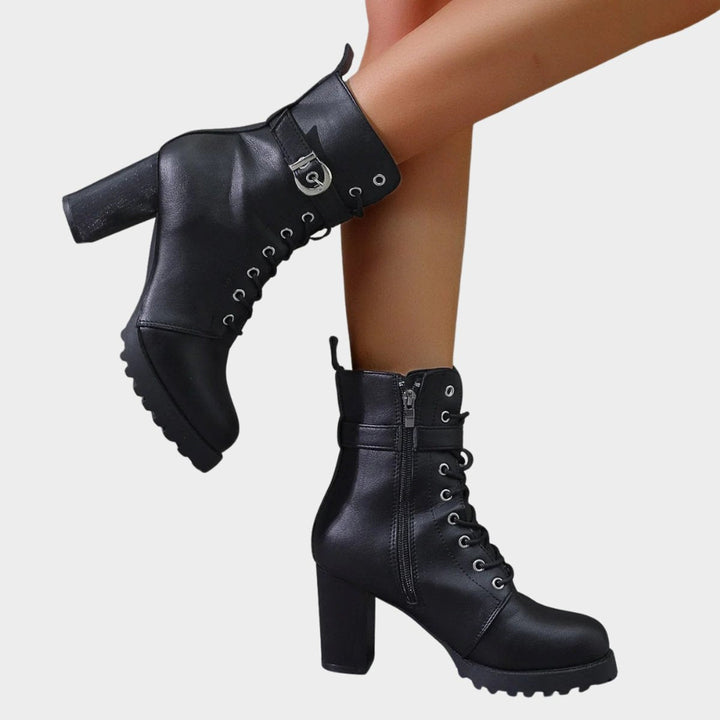 Prisca Women Lace Up Buckle Strap Heeled Boots