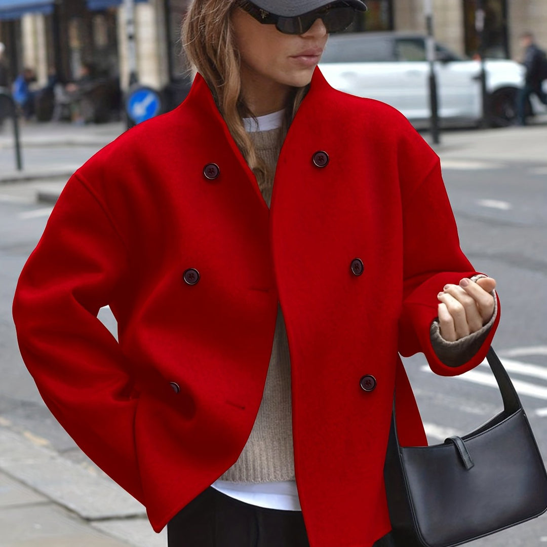Rochelle Women Cropped Stand Collar Double Breasted Wool Blend Pea Coat