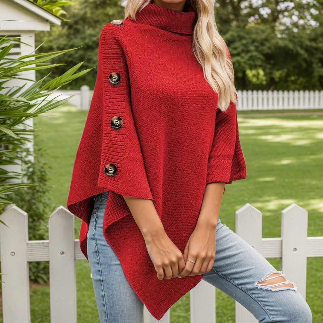 Ettie | Women Button Trim Turtleneck Poncho