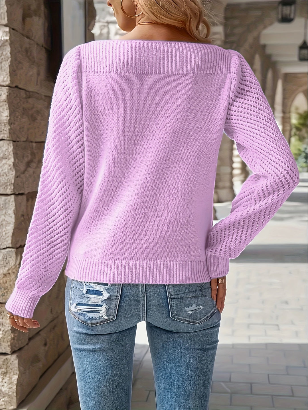 Rena | Women Openwork Sleeve Crewneck Sweater