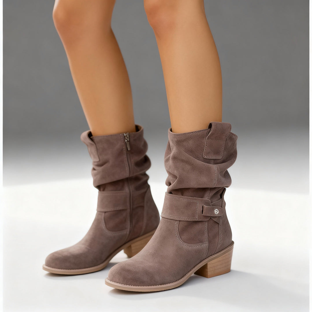 Addison Women Suede Slouch Block Heel Ankle Boots