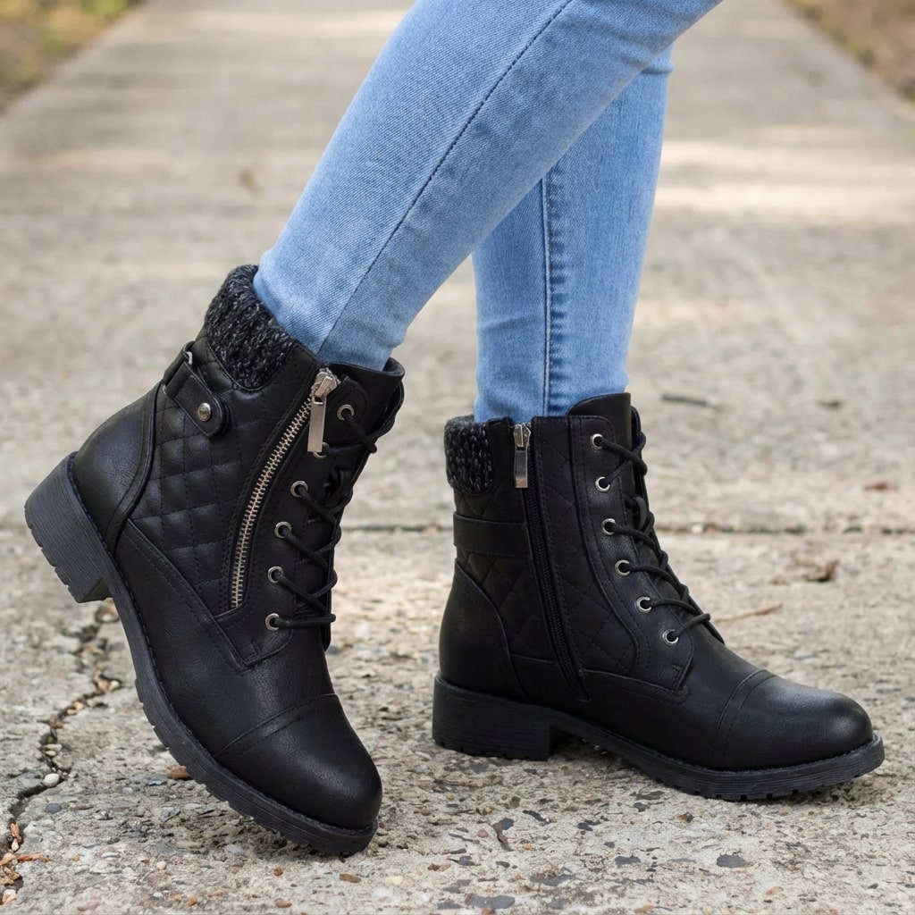 Nolwenn Women Quilted Knit Collar Lace Up Winter Boots