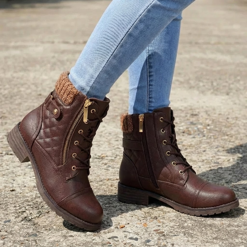Nolwenn Women Quilted Knit Collar Lace Up Winter Boots