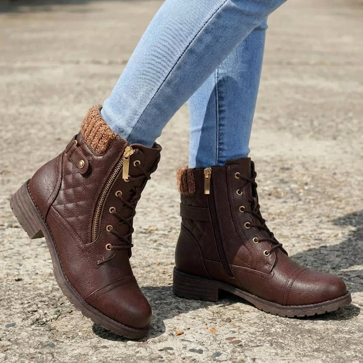 Nolwenn Women Quilted Knit Collar Lace Up Winter Boots