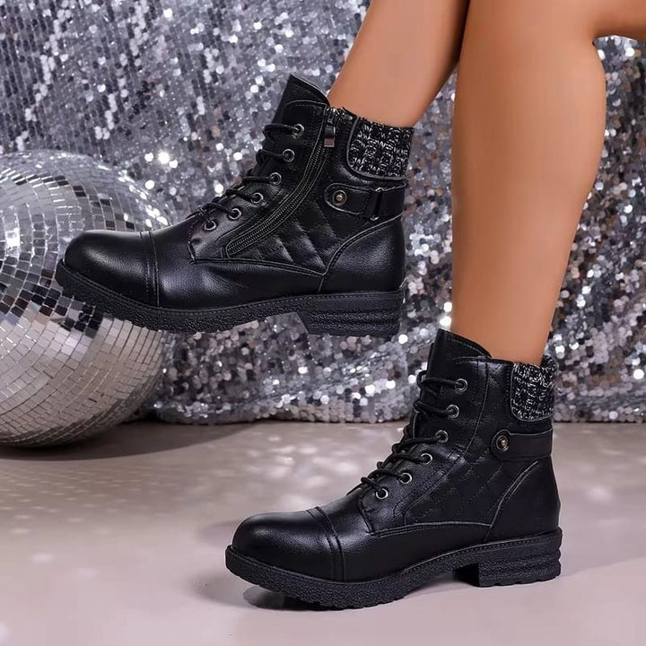 Nolwenn Women Quilted Knit Collar Lace Up Winter Boots