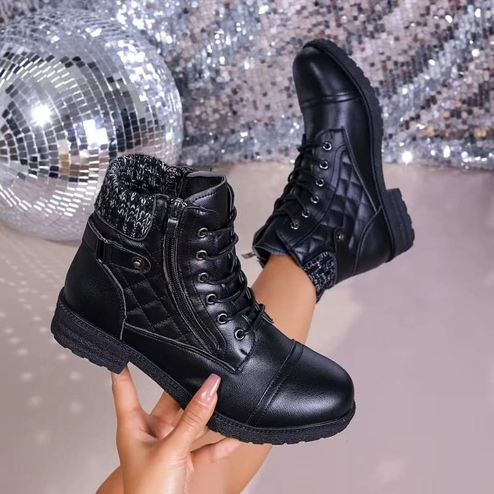 Nolwenn Women Quilted Knit Collar Lace Up Winter Boots