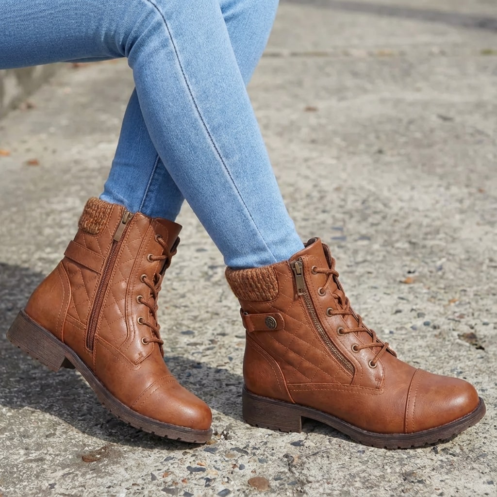 Nolwenn Women Quilted Knit Collar Lace Up Winter Boots