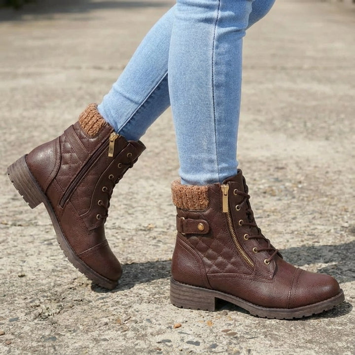 Nolwenn Women Quilted Knit Collar Lace Up Winter Boots