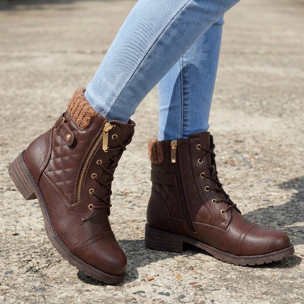 Nolwenn Women Quilted Knit Collar Lace Up Winter Boots