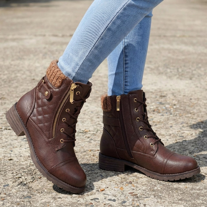 Nolwenn Women Quilted Knit Collar Lace Up Winter Boots