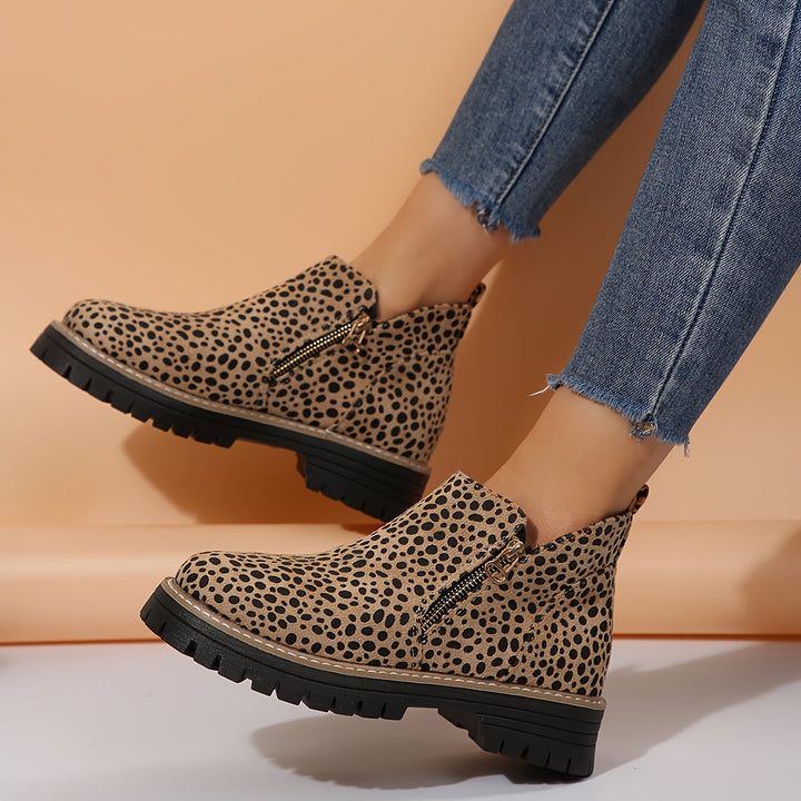 Golda | Women Spot Print Side Zip Ankle Boots