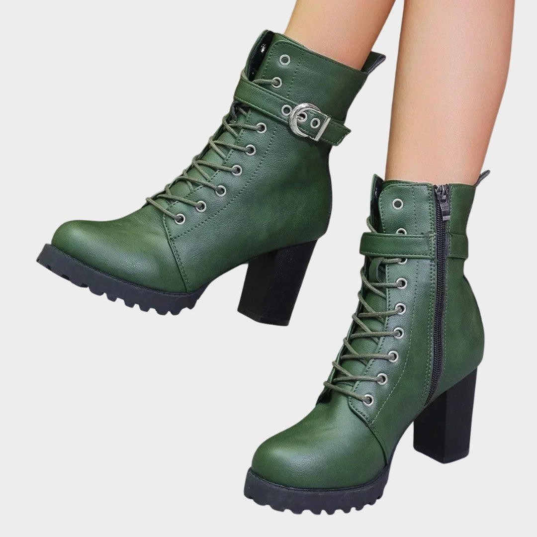 Prisca Women Lace Up Buckle Strap Heeled Boots
