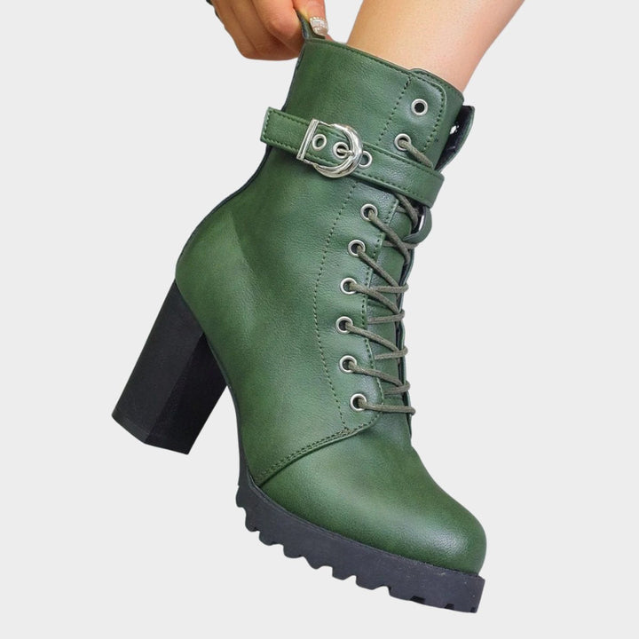 Prisca Women Lace Up Buckle Strap Heeled Boots