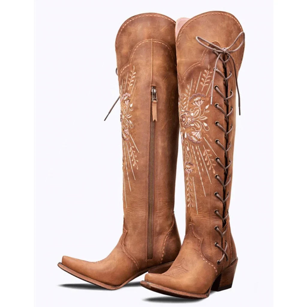 Lotte | Women Embroidered Lace Up Knee High Boots