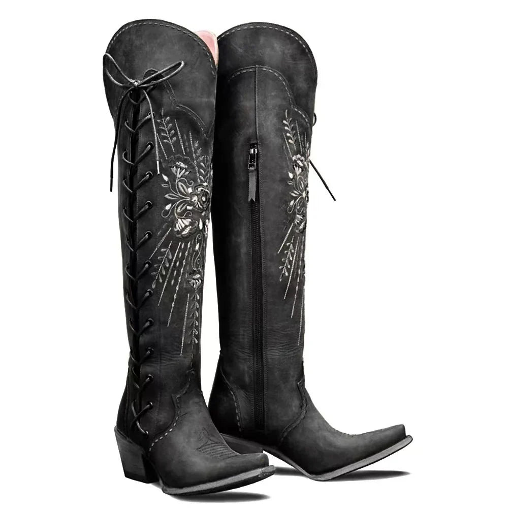Lotte | Women Embroidered Lace Up Knee High Boots
