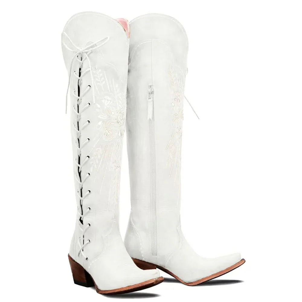 Lotte | Women Embroidered Lace Up Knee High Boots