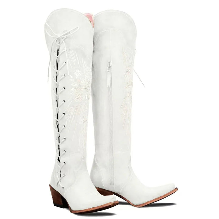 Lotte | Women Embroidered Lace Up Knee High Boots