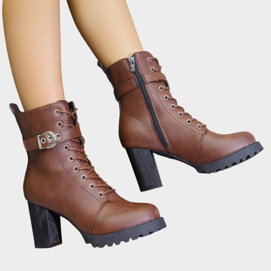 Prisca Women Lace Up Buckle Strap Heeled Boots