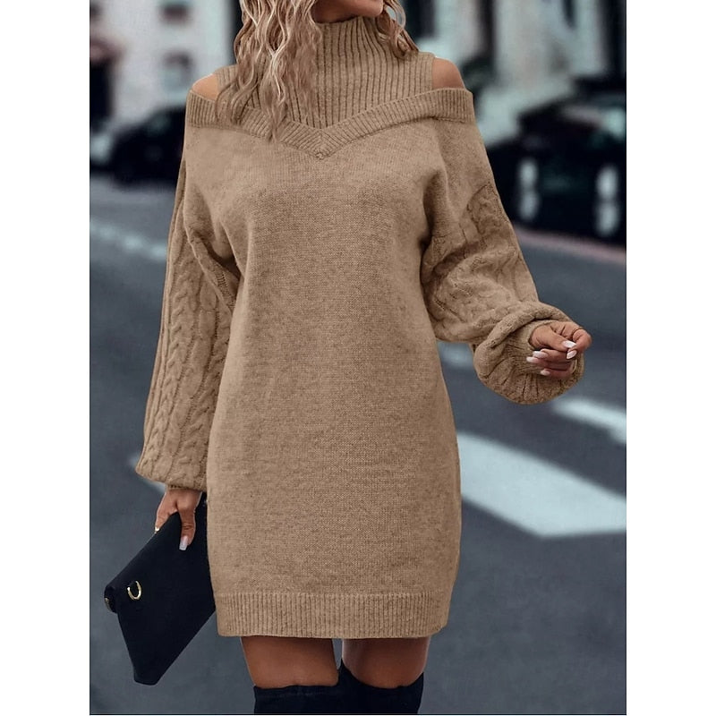 Tanya Women Cold Shoulder Turtleneck Cable Knit Sweater Dress