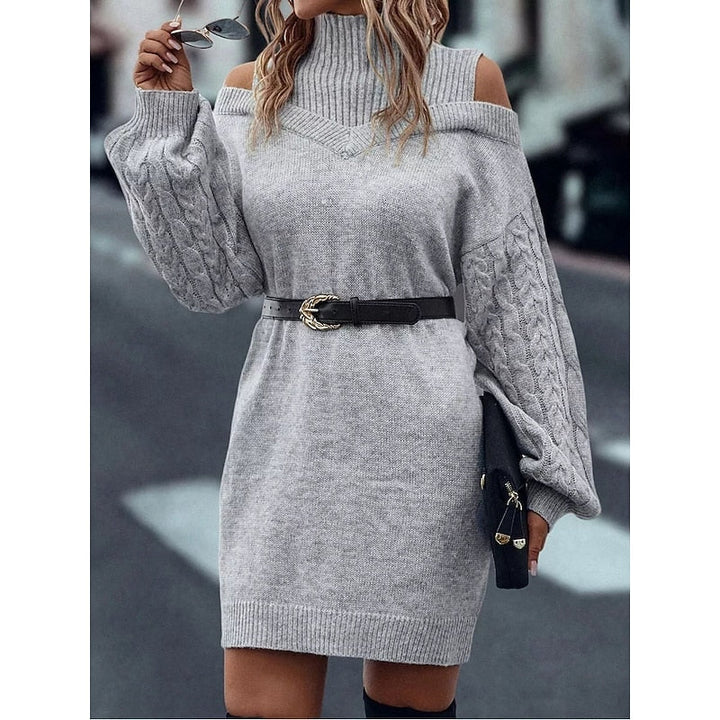 Tanya Women Cold Shoulder Turtleneck Cable Knit Sweater Dress