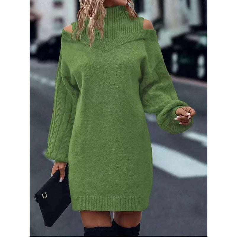 Tanya Women Cold Shoulder Turtleneck Cable Knit Sweater Dress