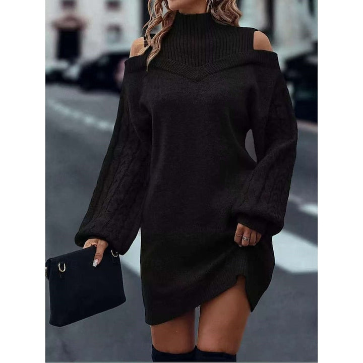 Tanya Women Cold Shoulder Turtleneck Cable Knit Sweater Dress