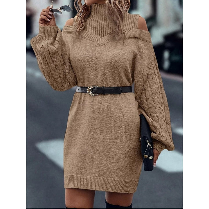 Tanya Women Cold Shoulder Turtleneck Cable Knit Sweater Dress
