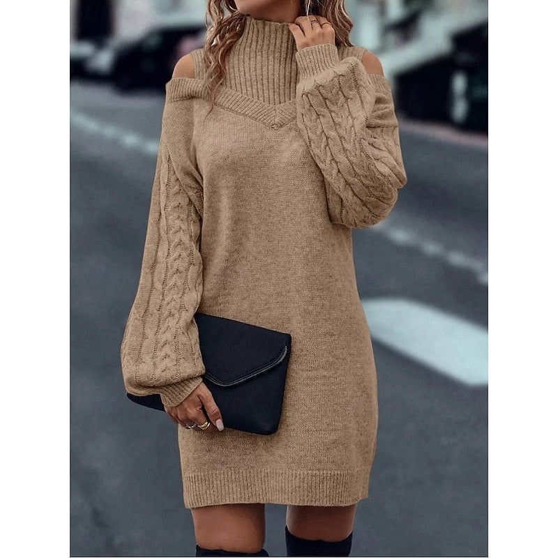 Tanya Women Cold Shoulder Turtleneck Cable Knit Sweater Dress