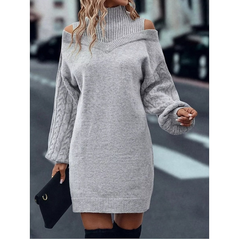 Tanya Women Cold Shoulder Turtleneck Cable Knit Sweater Dress