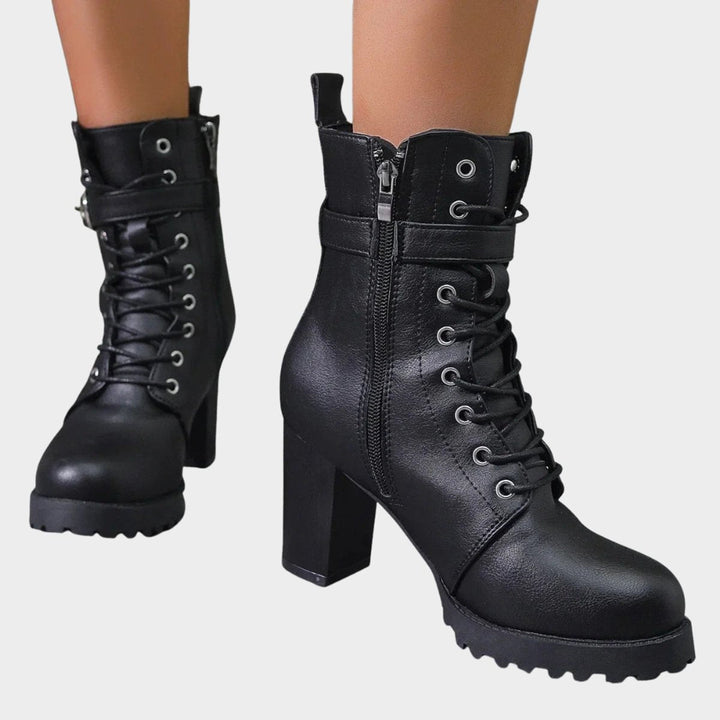 Prisca Women Lace Up Buckle Strap Heeled Boots