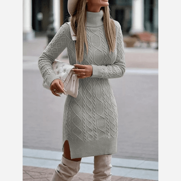 Concetta Women Turtleneck Knit Side Slit Long Sleeve Dress