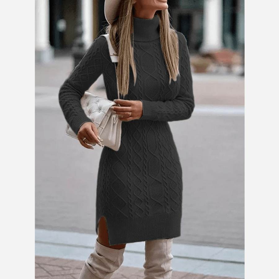 Concetta Women Turtleneck Knit Side Slit Long Sleeve Dress