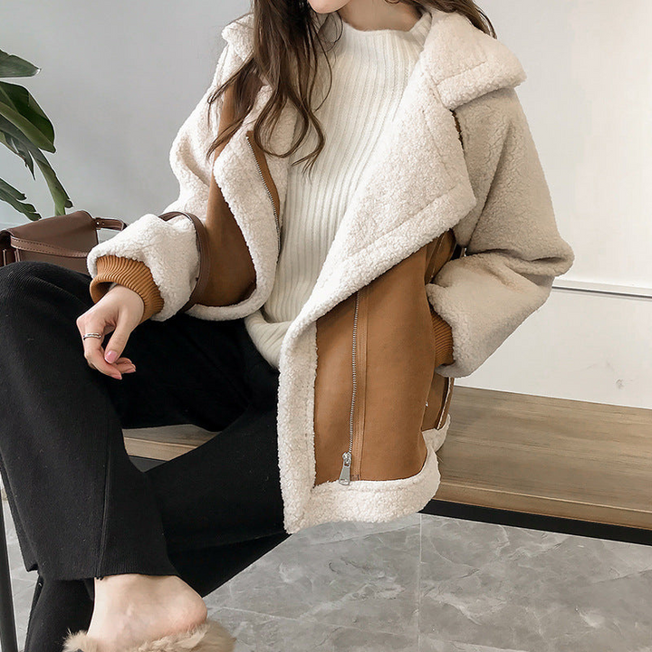 Dido | Women Zip Colorblock Shearling Jacket