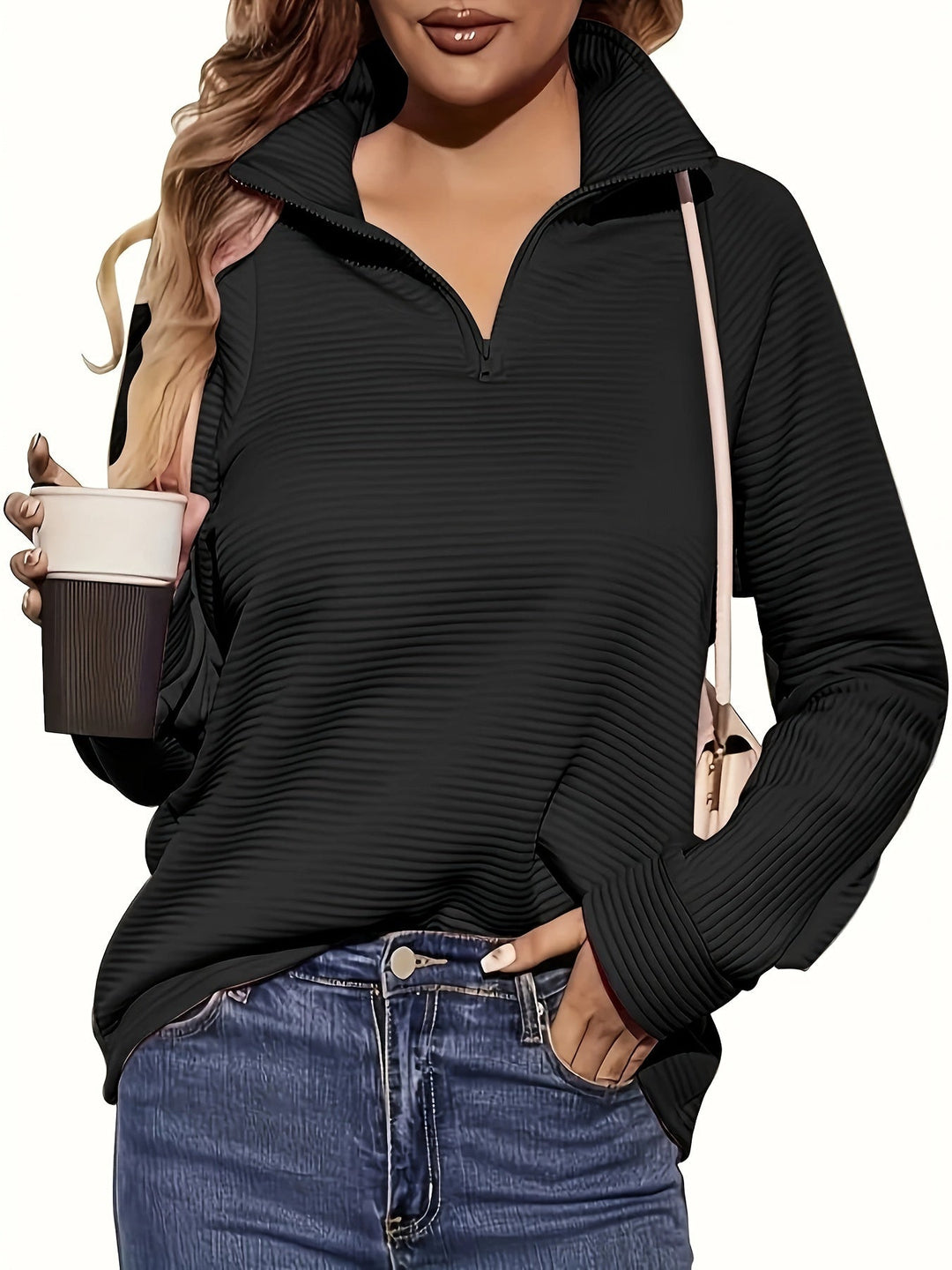 Leta | Women Ribbed Stand Half Zip Pullover