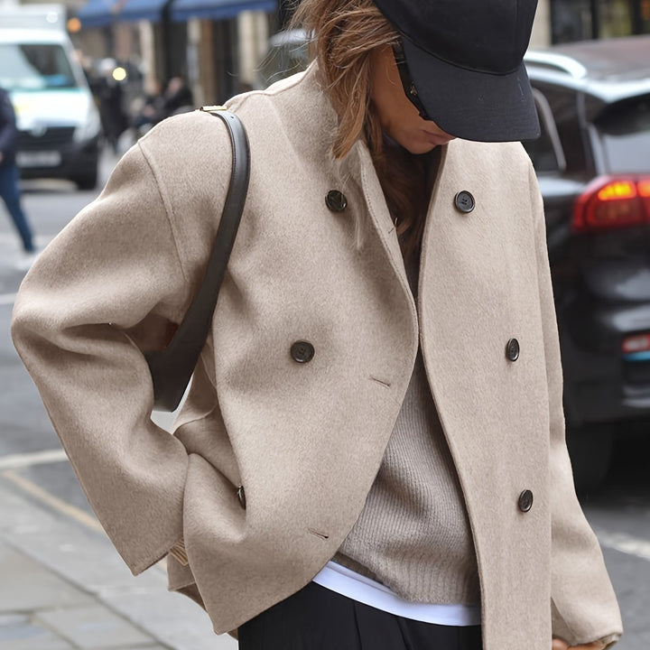 Rochelle Women Cropped Stand Collar Double Breasted Wool Blend Pea Coat