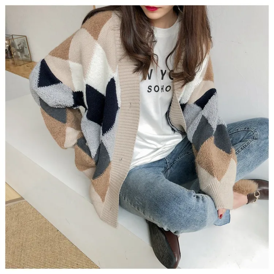 Nita | Women Argyle Button Oversized Cardigan