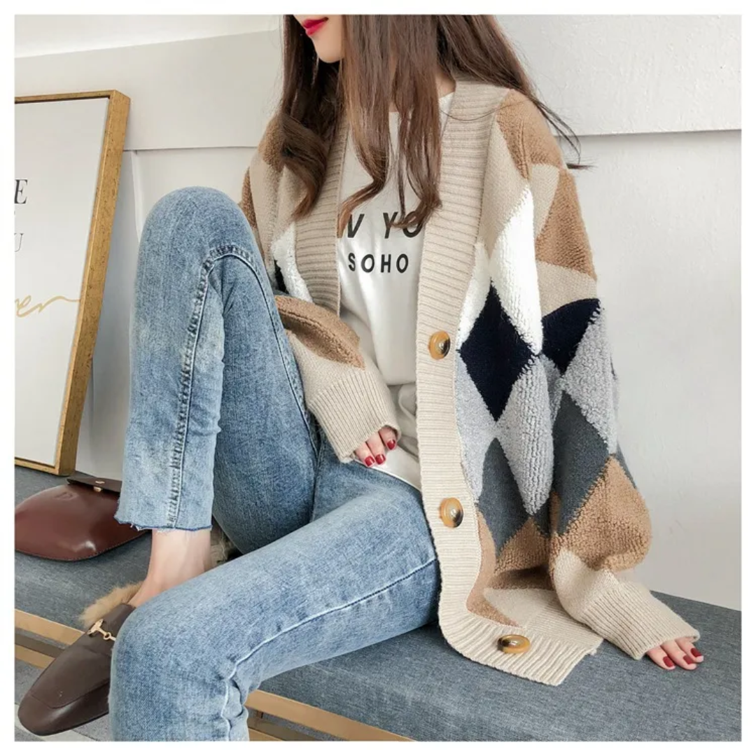 Nita | Women Argyle Button Oversized Cardigan
