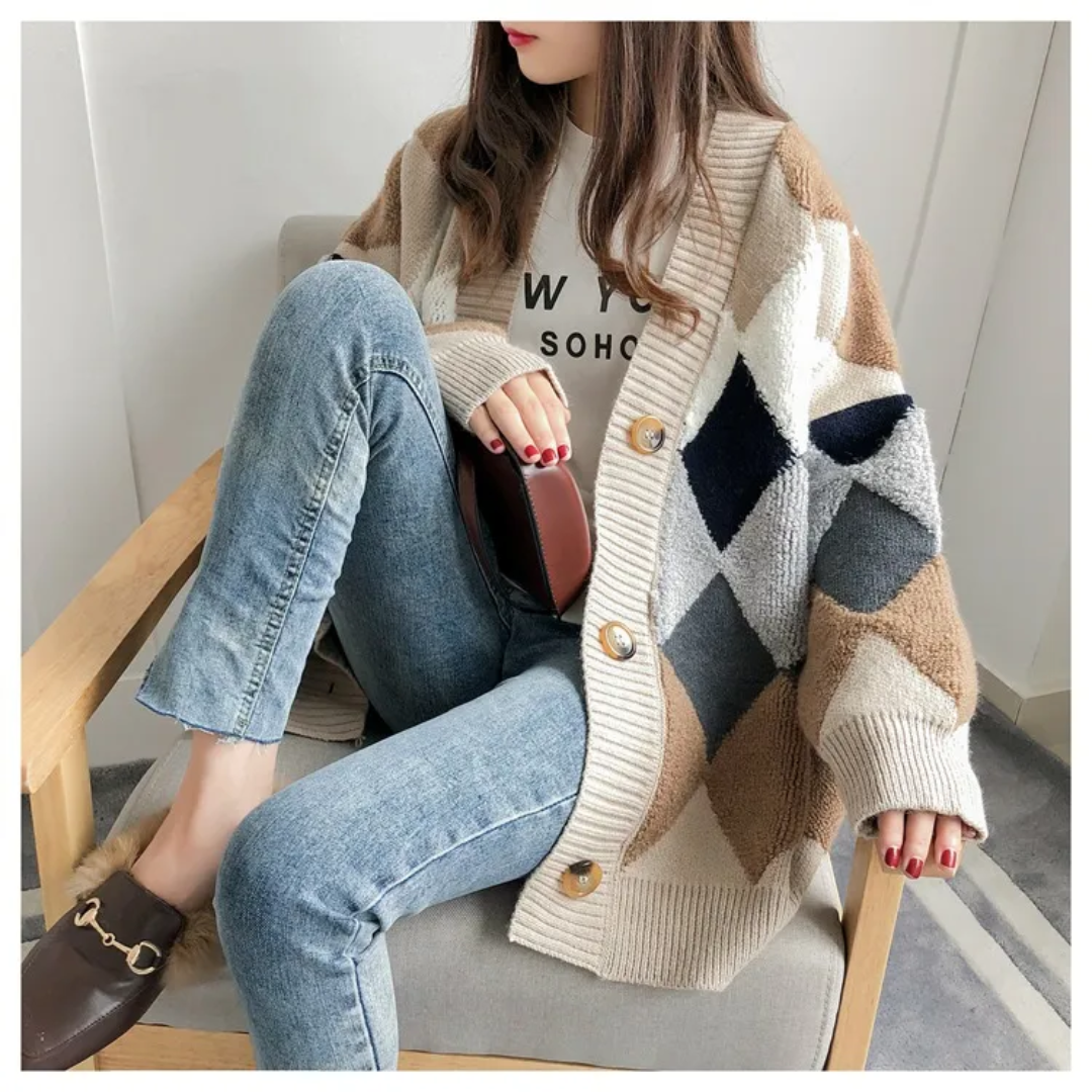 Nita | Women Argyle Button Oversized Cardigan